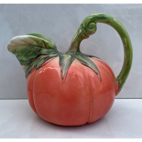 Vintage Tomato Pitcher Orange Red Ceramic Pumpkin Shaped Hand Painted Ceramic - Picture 1 of 12